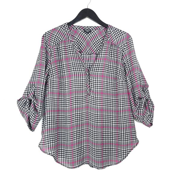 Torrid Harper Black Pink Plaid Roll Tab Slinky Relaxed Fit VNeck Top - Picture 1 of 6
